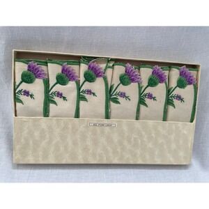 Vintage Scottish Pure Linen Embroidered Thistle Serviettes Set of 6 Boxed#509